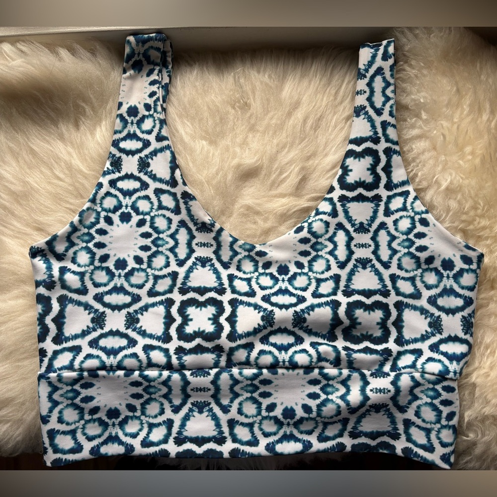 Blue Patterned Scoop Neck Swim Bikini Top